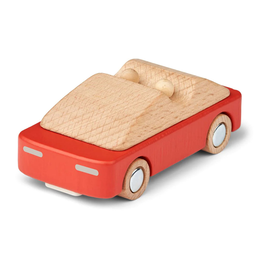 Sportwagen aus Holz in rot mit zwei Autofahrern